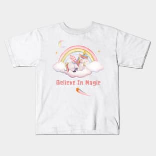 Believe In Magic Cute Unicorn With Rainbow, Clouds, And Stars Kids T-Shirt